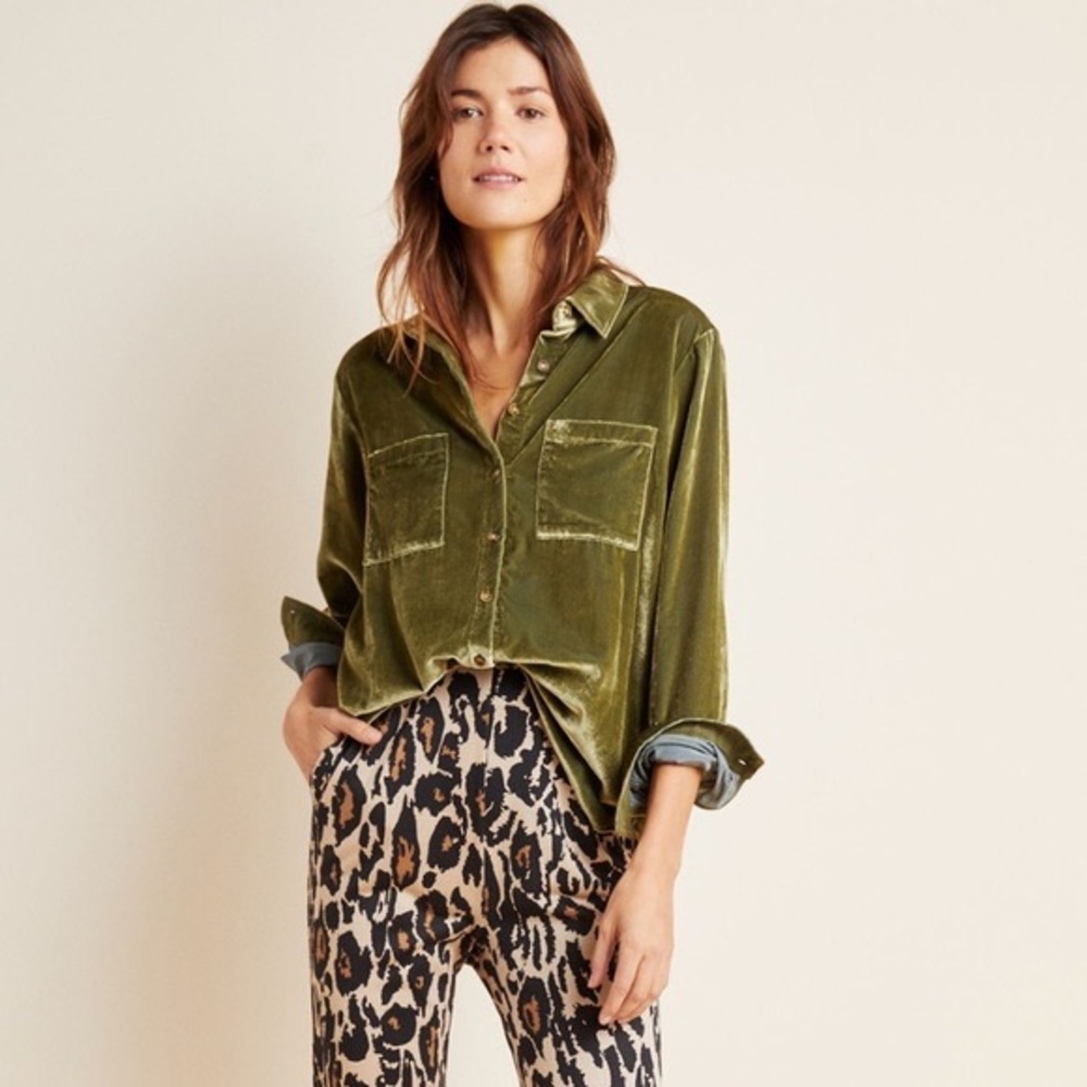 Anthropologie Green Velvet Button-Down